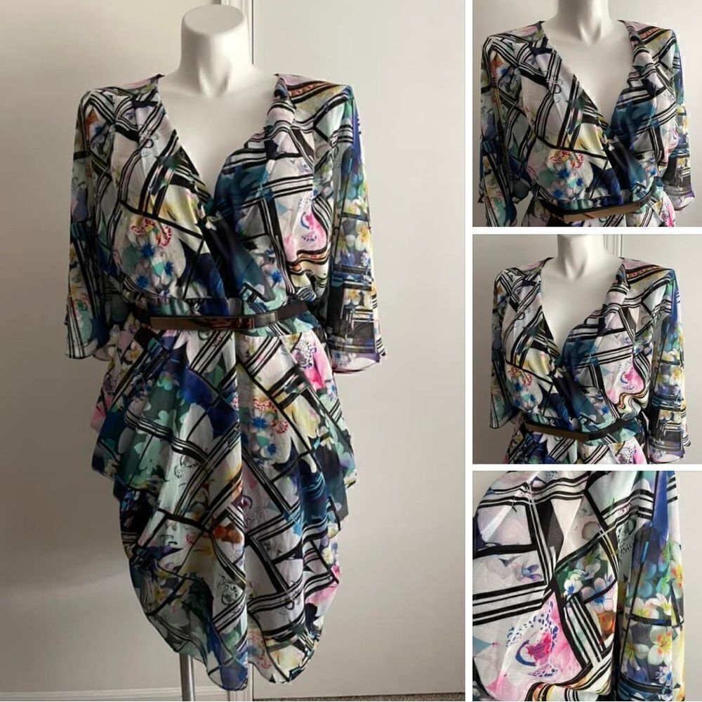 City Chic Abstract Printed Dress with Belt, Size XL/22